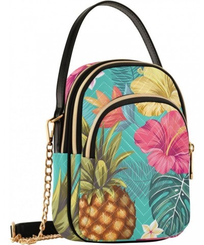 Pineapple Hibiscus Tropical Multi Pockets Crossbody Bags for Women Zip Cell Phone Purse Wallet Bag with Detachable Shoulder S...