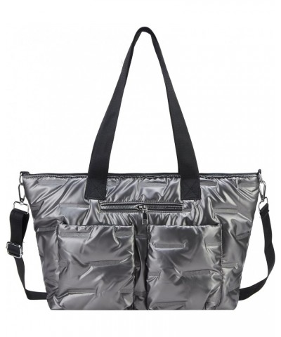 Quilted Shoulder Bag Lightweight Fashion Puffer Tote Bag Down Satchel Hobo Bag Silver- L $19.19 Totes