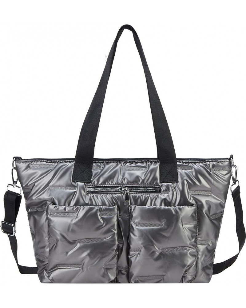 Quilted Shoulder Bag Lightweight Fashion Puffer Tote Bag Down Satchel Hobo Bag Silver- L $19.19 Totes