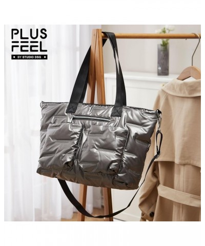 Quilted Shoulder Bag Lightweight Fashion Puffer Tote Bag Down Satchel Hobo Bag Silver- L $19.19 Totes