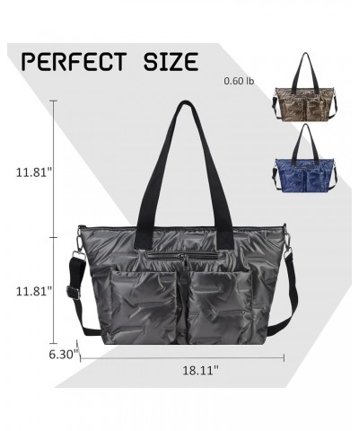 Quilted Shoulder Bag Lightweight Fashion Puffer Tote Bag Down Satchel Hobo Bag Silver- L $19.19 Totes