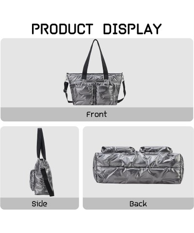 Quilted Shoulder Bag Lightweight Fashion Puffer Tote Bag Down Satchel Hobo Bag Silver- L $19.19 Totes