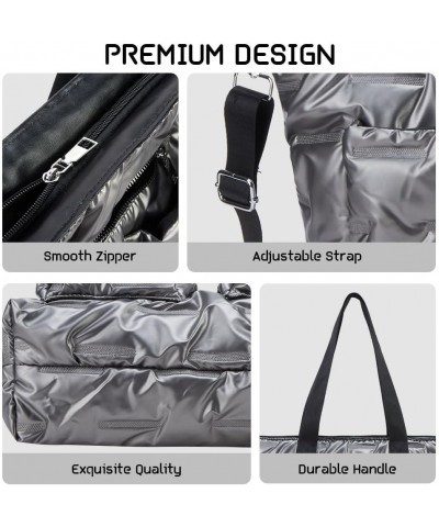 Quilted Shoulder Bag Lightweight Fashion Puffer Tote Bag Down Satchel Hobo Bag Silver- L $19.19 Totes