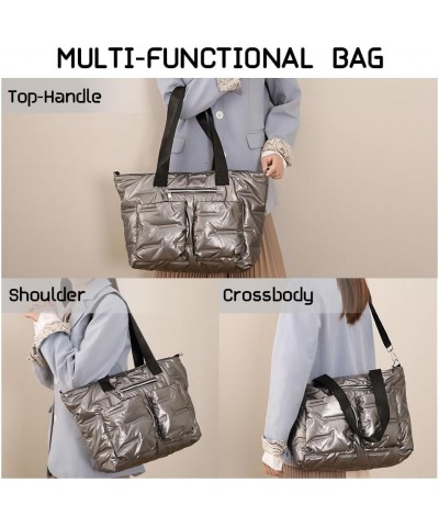 Quilted Shoulder Bag Lightweight Fashion Puffer Tote Bag Down Satchel Hobo Bag Silver- L $19.19 Totes