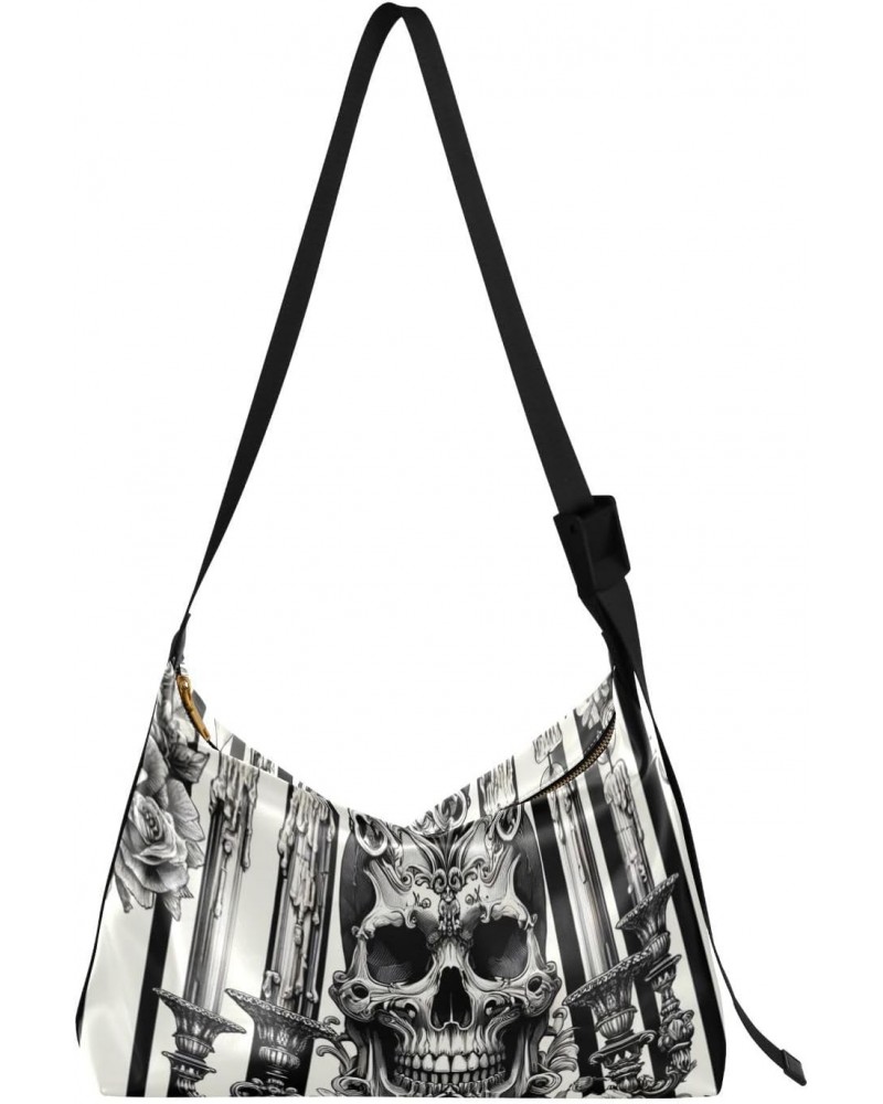 Unisex Shoulder Bag Crossbody Handbag Baroque-skull-stripe-gothic Women Casual Hobo Bag Lightweight PU Leather Tote $22.25 Cr...