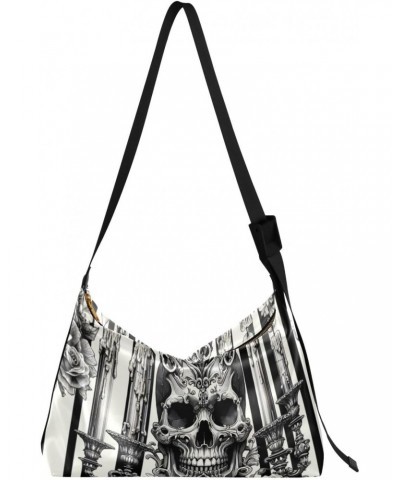 Unisex Shoulder Bag Crossbody Handbag Baroque-skull-stripe-gothic Women Casual Hobo Bag Lightweight PU Leather Tote $22.25 Cr...