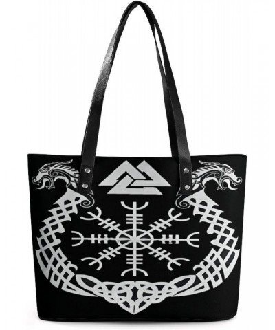 Viking Runes Dragon Norse Symbol Women Tote Bags Top Handle Satchel Handbags Faux Leather Tassel Shoulder Purse $15.96 Totes