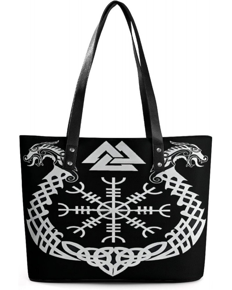 Viking Runes Dragon Norse Symbol Women Tote Bags Top Handle Satchel Handbags Faux Leather Tassel Shoulder Purse $15.96 Totes