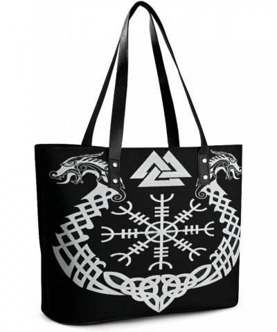 Viking Runes Dragon Norse Symbol Women Tote Bags Top Handle Satchel Handbags Faux Leather Tassel Shoulder Purse $15.96 Totes