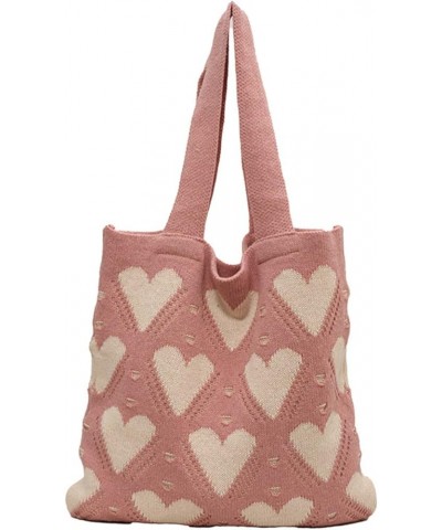 Women's Crochet Tote Bag Heart Handbag Beach Tote Bag Knit Bag Casual Love Hobo Bag Bag with Hearts Pink $8.80 Shoulder Bags