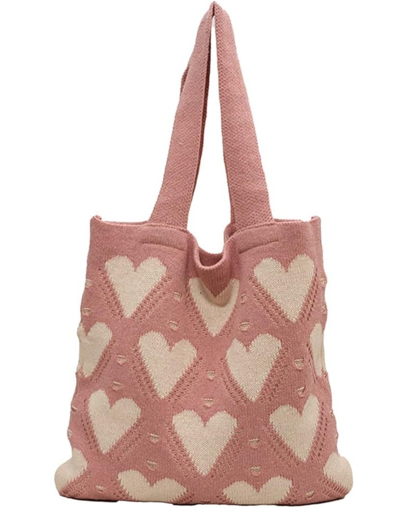 Women's Crochet Tote Bag Heart Handbag Beach Tote Bag Knit Bag Casual Love Hobo Bag Bag with Hearts Pink $8.80 Shoulder Bags