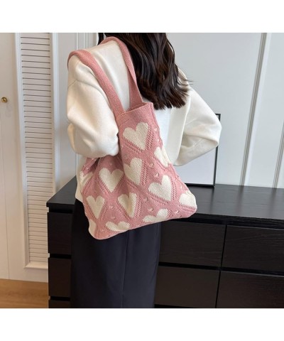 Women's Crochet Tote Bag Heart Handbag Beach Tote Bag Knit Bag Casual Love Hobo Bag Bag with Hearts Pink $8.80 Shoulder Bags