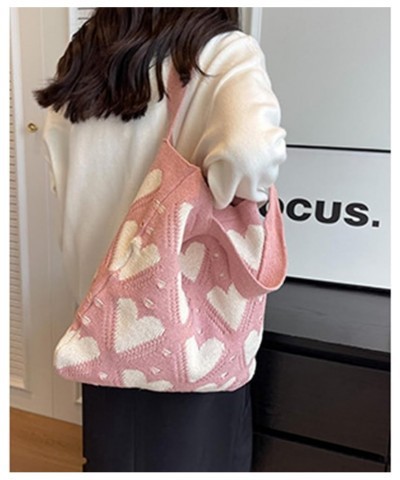 Women's Crochet Tote Bag Heart Handbag Beach Tote Bag Knit Bag Casual Love Hobo Bag Bag with Hearts Pink $8.80 Shoulder Bags