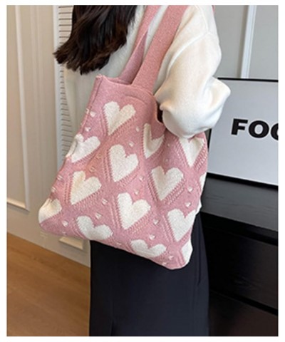 Women's Crochet Tote Bag Heart Handbag Beach Tote Bag Knit Bag Casual Love Hobo Bag Bag with Hearts Pink $8.80 Shoulder Bags