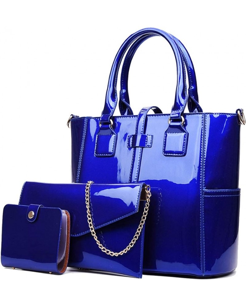 Women's 3pcs Handbags Patent Leather Fashion Shoulder Bag Large Capacity Handbag Blue $23.60 Shoulder Bags