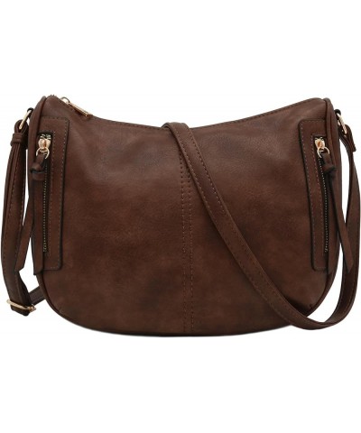 Faux Leather Two Front Zipper Pocket Crossbody Saddle Bag Coffee $17.65 Crossbody Bags