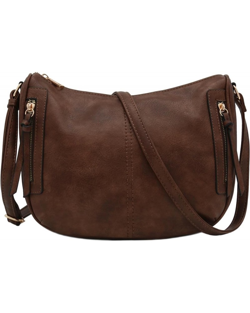 Faux Leather Two Front Zipper Pocket Crossbody Saddle Bag Coffee $17.65 Crossbody Bags