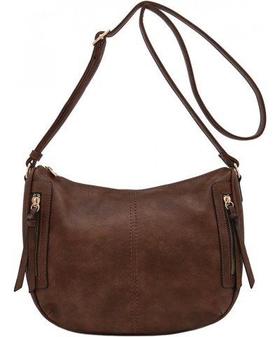 Faux Leather Two Front Zipper Pocket Crossbody Saddle Bag Coffee $17.65 Crossbody Bags