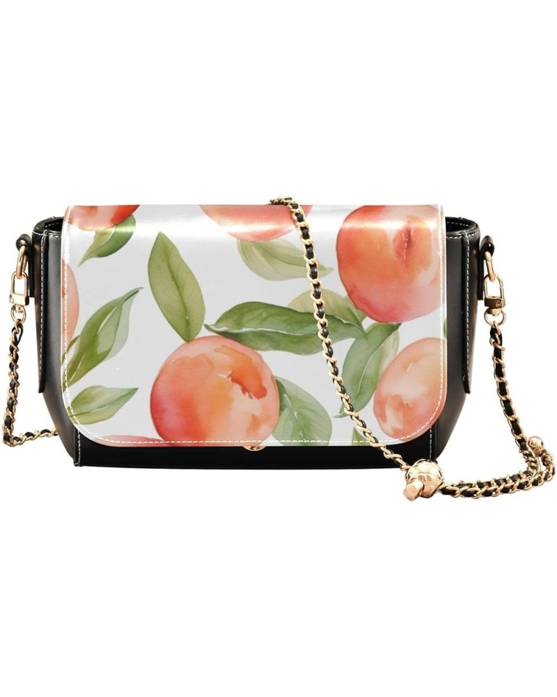 Watercolor Strawberry on Pink Women Leather Crossbody Bag, Leather Shoulder Bags, Leather Gifts for Women Watercolor Peach-2 ...