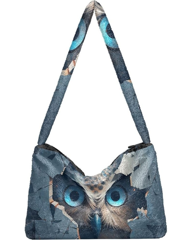 White Brown Snakeskin Texture Ladies Shoulder Bag, Plush Tote Bag Women, Autumn Handbags Owl Behind a Broken Blue Wall $10.74...