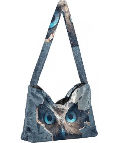 White Brown Snakeskin Texture Ladies Shoulder Bag, Plush Tote Bag Women, Autumn Handbags Owl Behind a Broken Blue Wall $10.74...