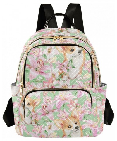 Mini Backpack for Women, Welsh Corgies with Lilly Flowers Travel Backpack Purse for Ladies, Small Bookbag Daypack Shoulder Ba...