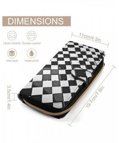 Futuristic Black and White Checkerboard PU Leather Womens Wallet Large Capacity Zippered Bifold Purse with 12 Card Slot Coin ...