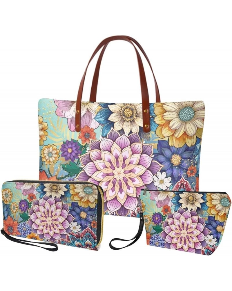 Top Handle Purse for Women, Purse and Wallet Set Large Tote Handbag with PU Wallet Purse, Gift for Mom Boho Mandala Flower-pu...