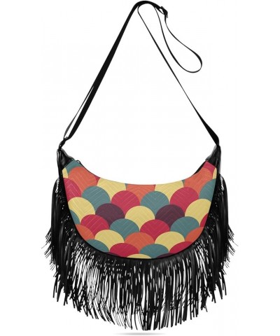 Women Fringe Tassel Cross Body Bag Colorful Circle Round Leisure Shoulder Bag Color527 $11.10 Crossbody Bags