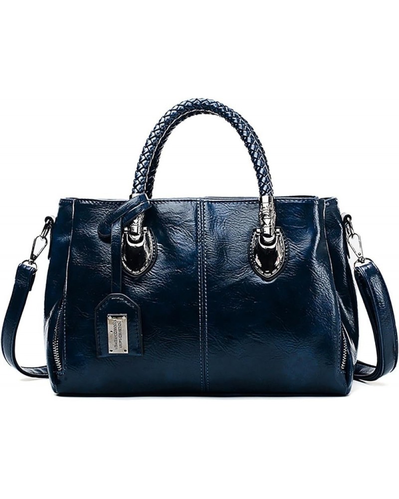 Vintage Wax Leather Large Capacity Tote Bag - Retro Soft Leather Handbag for Women Blue $18.89 Totes