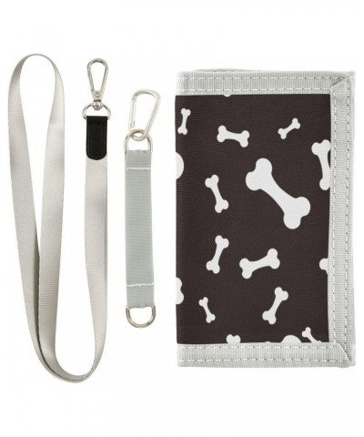 White Dog Bones on The Black Trifold Wallet Fabric Wallet Small Nylon Wallet Card Wallet with Lanyard $8.83 Wallets