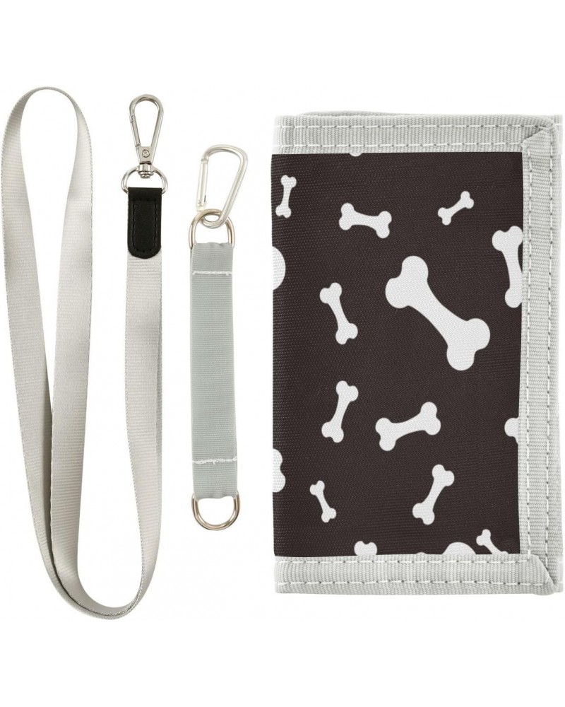 White Dog Bones on The Black Trifold Wallet Fabric Wallet Small Nylon Wallet Card Wallet with Lanyard $8.83 Wallets