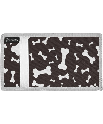 White Dog Bones on The Black Trifold Wallet Fabric Wallet Small Nylon Wallet Card Wallet with Lanyard $8.83 Wallets