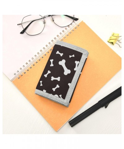 White Dog Bones on The Black Trifold Wallet Fabric Wallet Small Nylon Wallet Card Wallet with Lanyard $8.83 Wallets