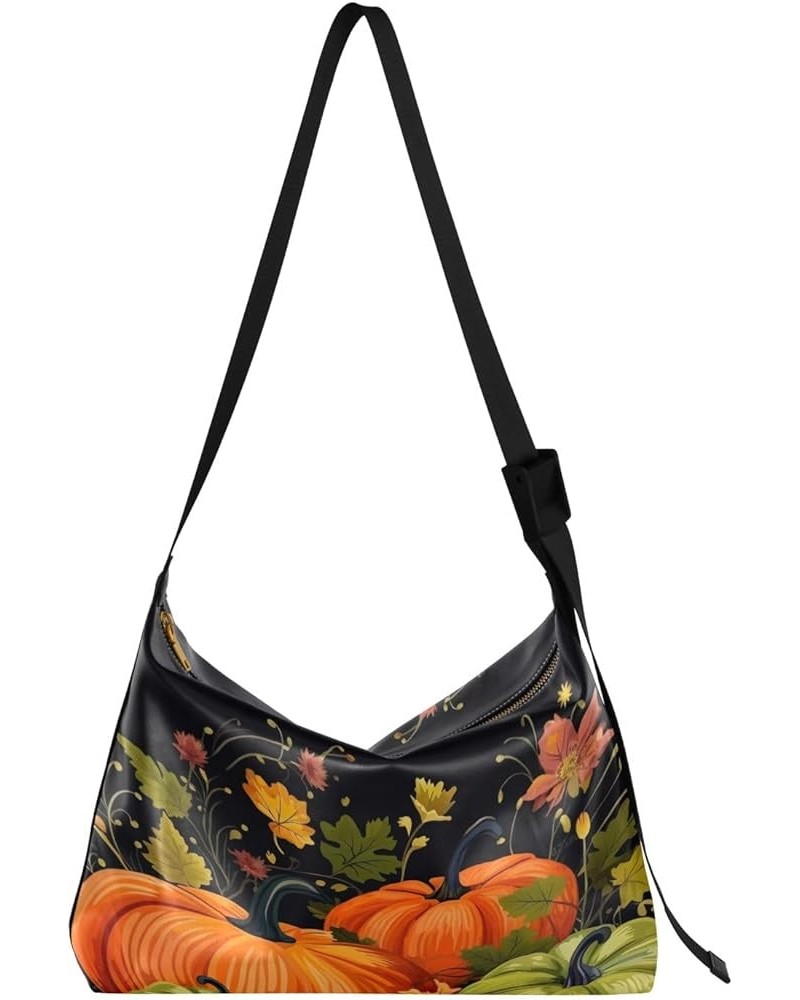 Watercolor Floral Fashion Crossbody Bag, Crossbody Leather Shoulder Bag, Leather Shoulder Bag for Men Pumpkins on Dark-1 $19....