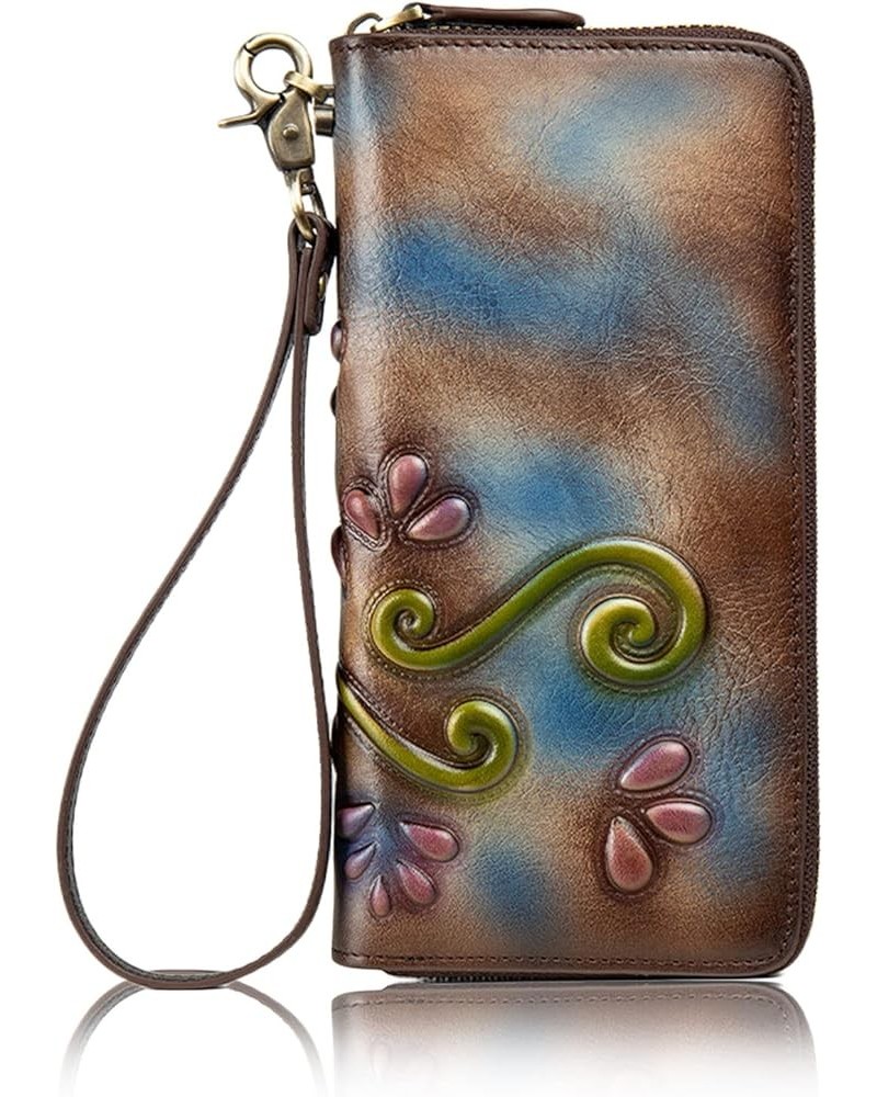 Women's Multi-colored Leather Wallet Stylish Cell Phone Purse Zip Around Wristlet Clutch RFID Blocking Card Holder Blue & Bro...