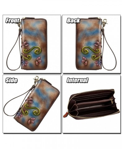 Women's Multi-colored Leather Wallet Stylish Cell Phone Purse Zip Around Wristlet Clutch RFID Blocking Card Holder Blue & Bro...