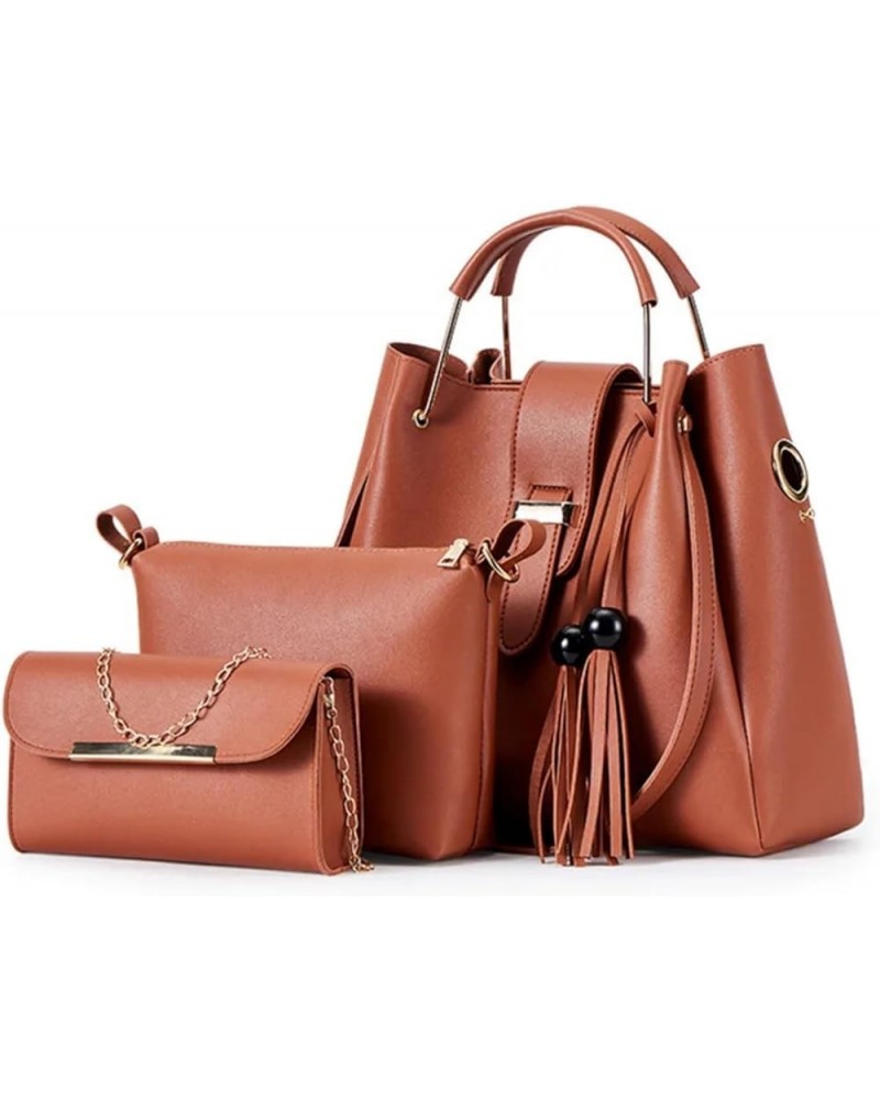 Women Bucket Handbag with Tassels Large Capacity PU Leather Shoulder Bag Female 3 Pcs Set Crossbody Bags Solid Color Brown $2...