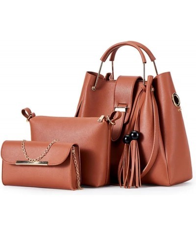 Women Bucket Handbag with Tassels Large Capacity PU Leather Shoulder Bag Female 3 Pcs Set Crossbody Bags Solid Color Brown $2...