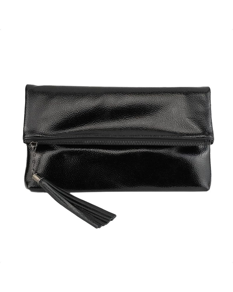 Women's Cracked Metallic Fabric Foldover Clutch with Tassel Black1 $21.90 Clutches