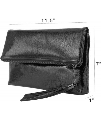 Women's Cracked Metallic Fabric Foldover Clutch with Tassel Black1 $21.90 Clutches