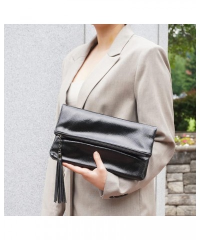 Women's Cracked Metallic Fabric Foldover Clutch with Tassel Black1 $21.90 Clutches