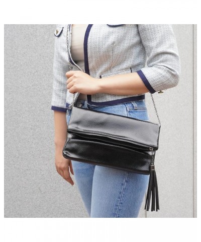 Women's Cracked Metallic Fabric Foldover Clutch with Tassel Black1 $21.90 Clutches