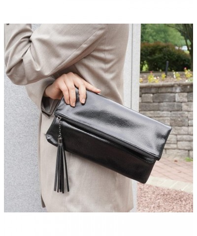 Women's Cracked Metallic Fabric Foldover Clutch with Tassel Black1 $21.90 Clutches