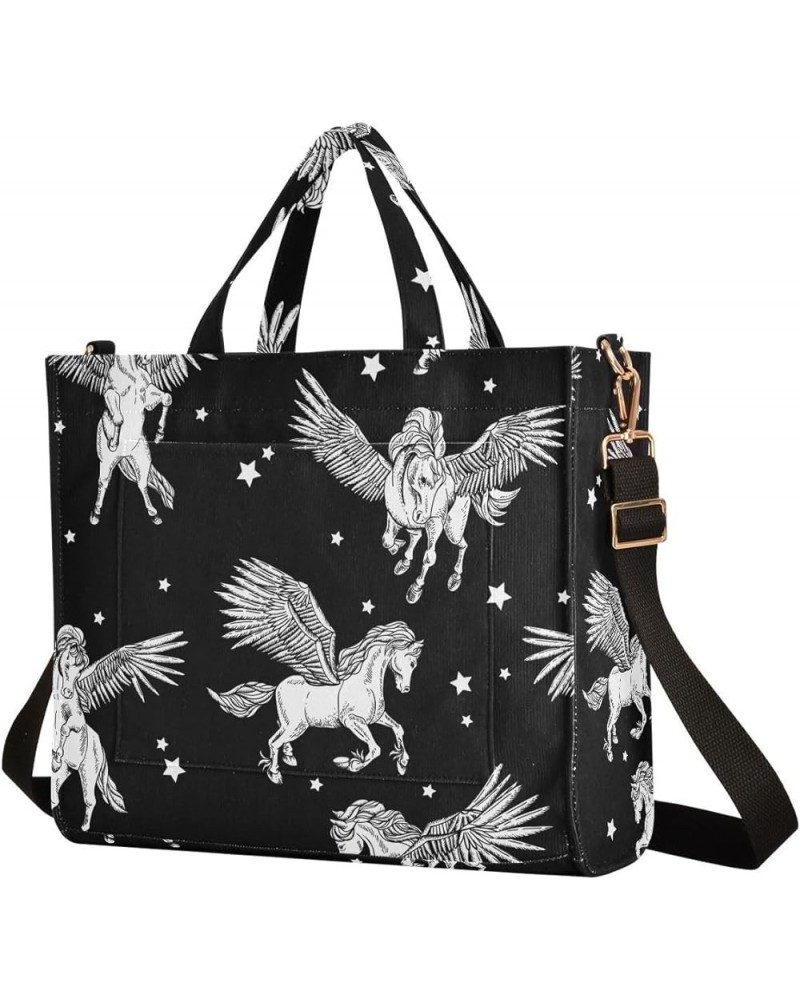 Winged Pegasus Black Tote Bag for Women Shoulder Bags Corduroy Travel Tote Bag Crossbody Bag for Office Birthday Gifts Multi ...