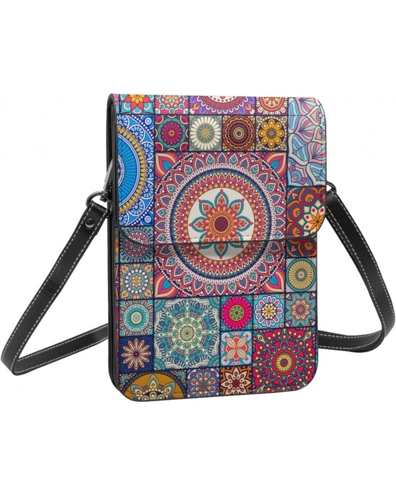 Ethnic Floral Indian Mandala Colorful Crossbody Cell Phone Purse for Womens Lightweight Small Soft Leather Fashion Travel Wal...