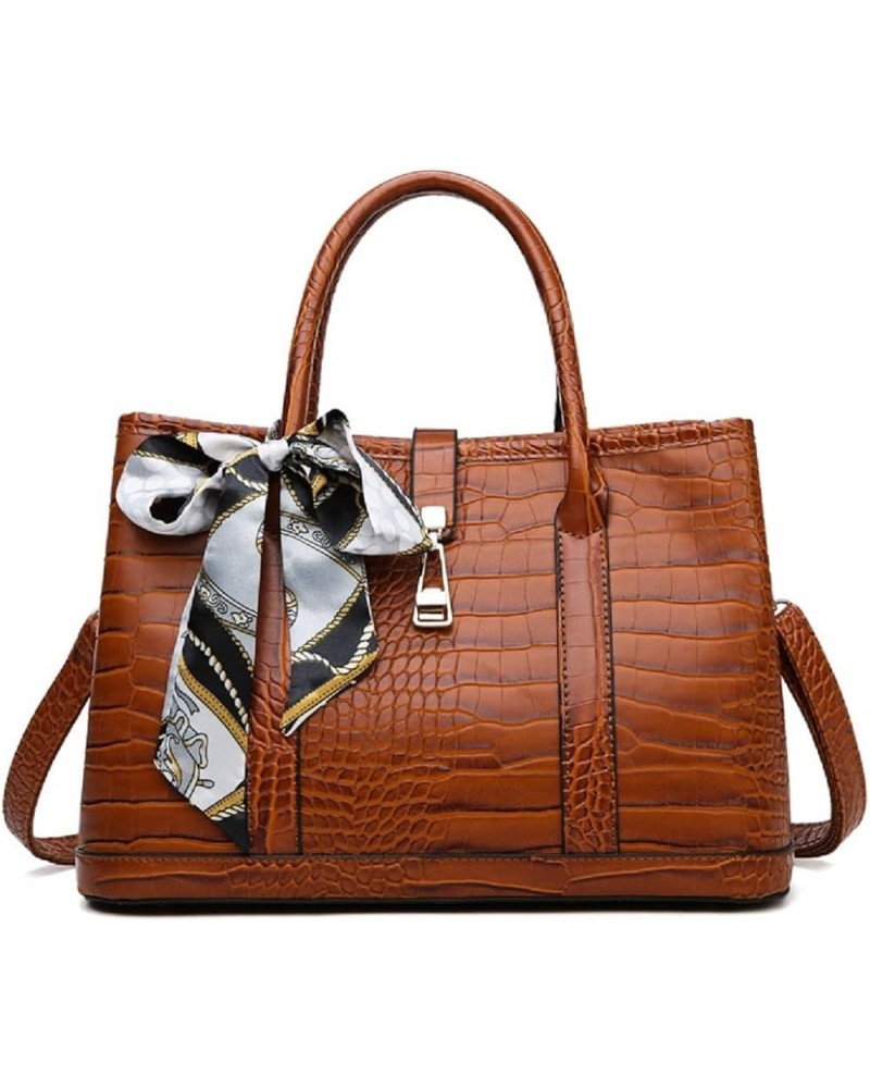 Purses and Handbags for Women Crocodile Pattern Shoulder Tote Bags Top Handle Satchel with Bowknot Brown $20.39 Totes