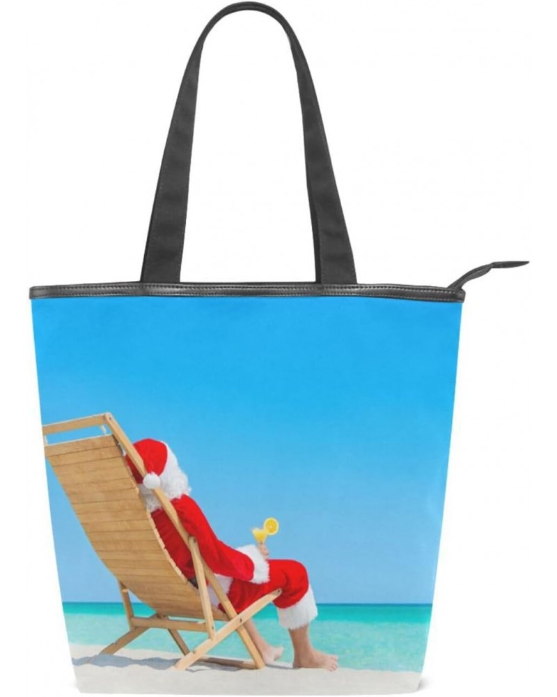 Tote Bag Funny Christmas Santa Claus Beach Canvas Zippered Tote Handbag for Women with 2 Interior Pockets $13.56 Totes