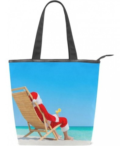 Tote Bag Funny Christmas Santa Claus Beach Canvas Zippered Tote Handbag for Women with 2 Interior Pockets $13.56 Totes