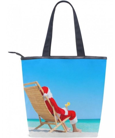 Tote Bag Funny Christmas Santa Claus Beach Canvas Zippered Tote Handbag for Women with 2 Interior Pockets $13.56 Totes